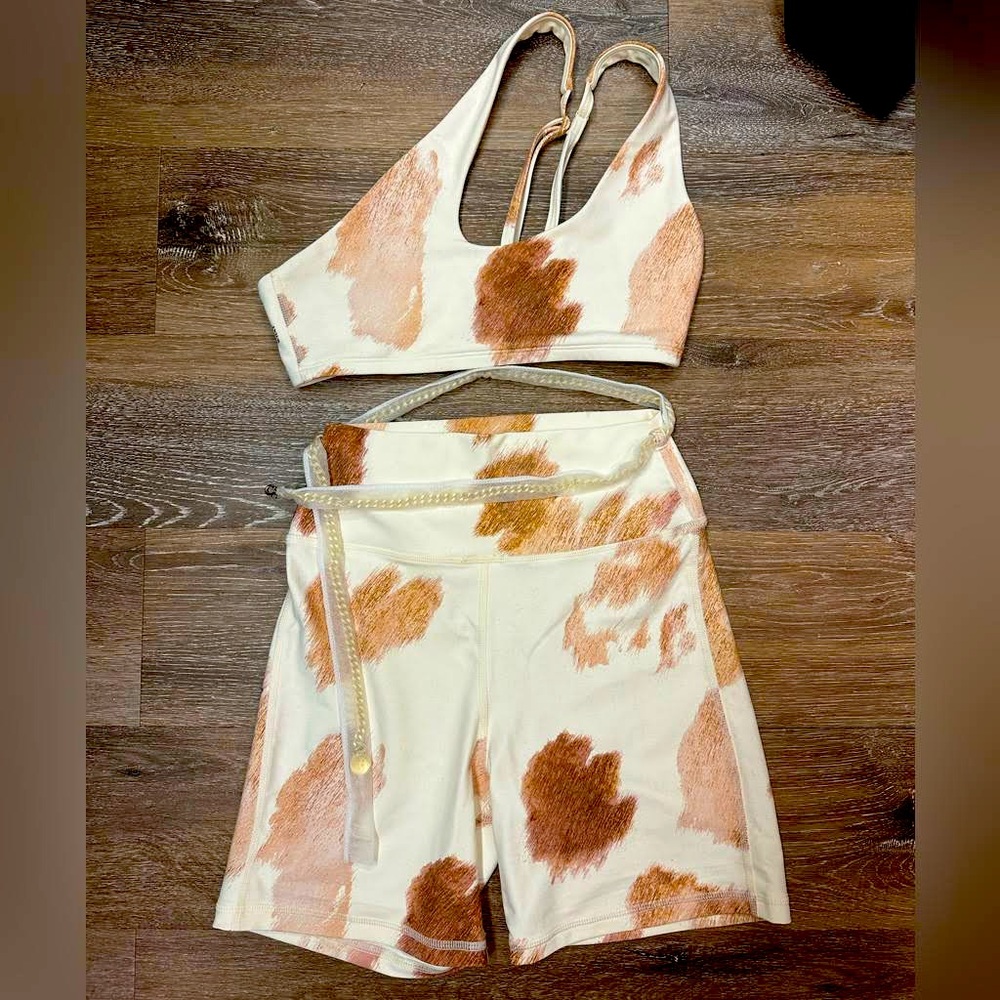 We Wore What Cowhide Workout Set Size L- One shoulder sports bra & biker shorts